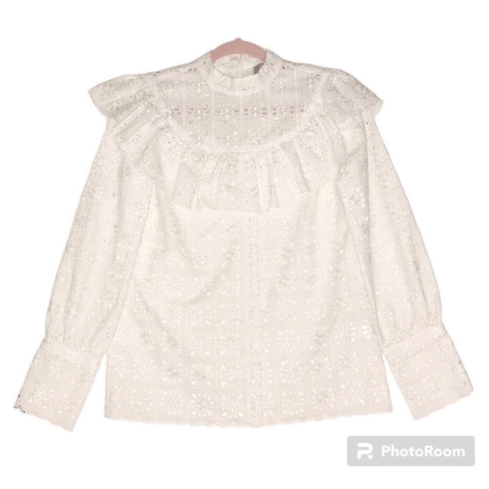 White Eyelet Embroidery Mockneck Ruffles Academia Style Blouse Medium
